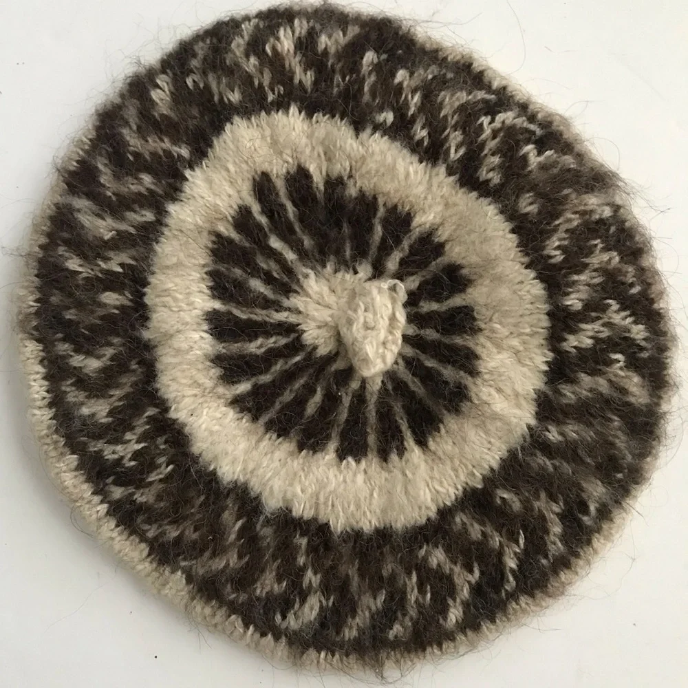 Womens Knit Round Beret in Brown and Cream